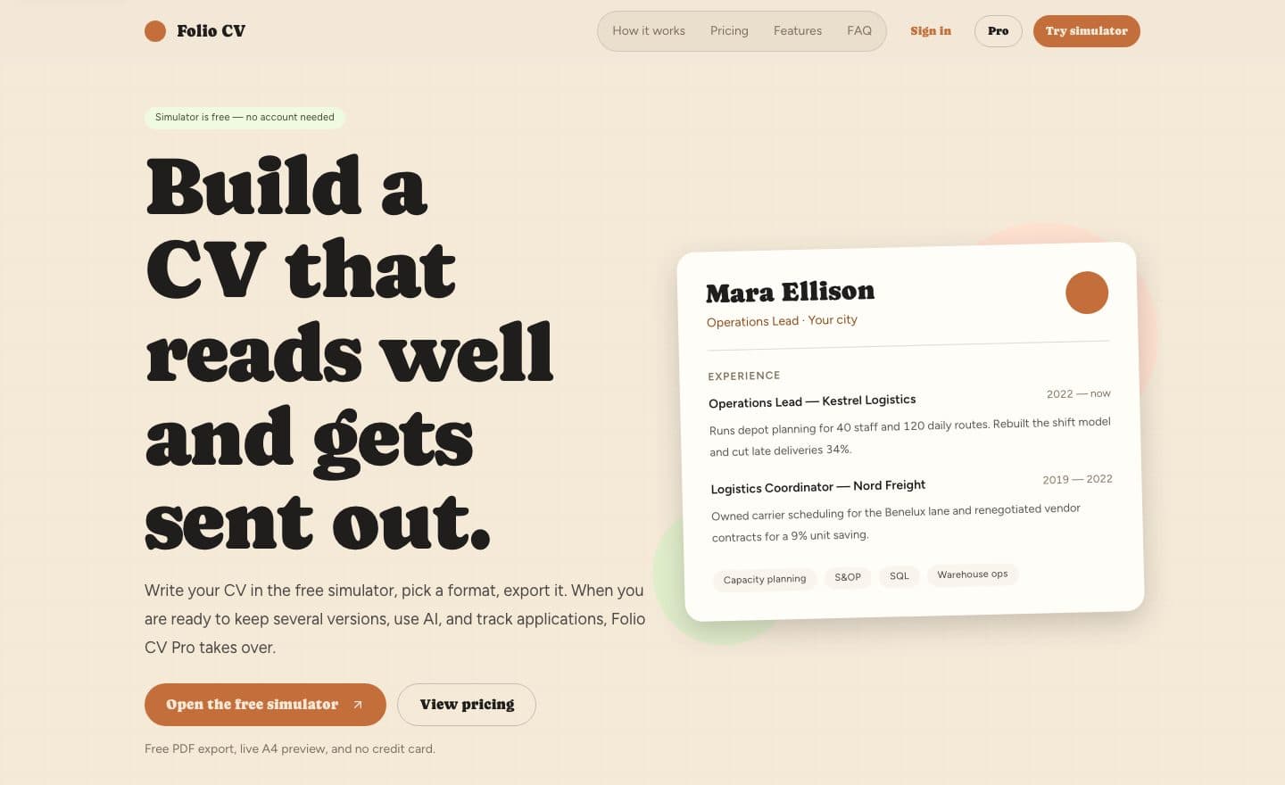 Startseite von Folio CV